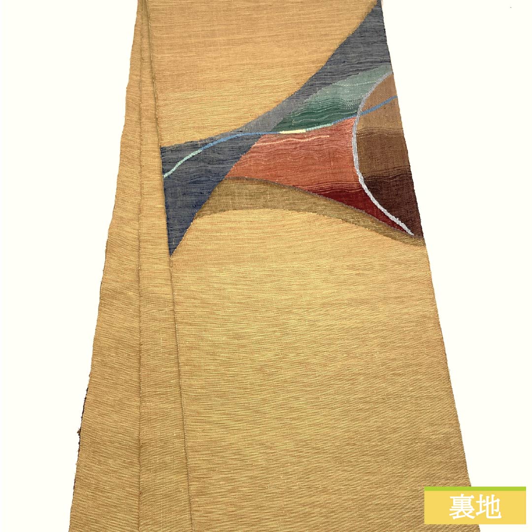 名古屋帯 正絹 Aランク 薄柑子色（うすこうじいろ） すくい織 抽象模様 帯丈380cm ポイント柄 カジュアル 黄系 1124010273423 開き仕立て