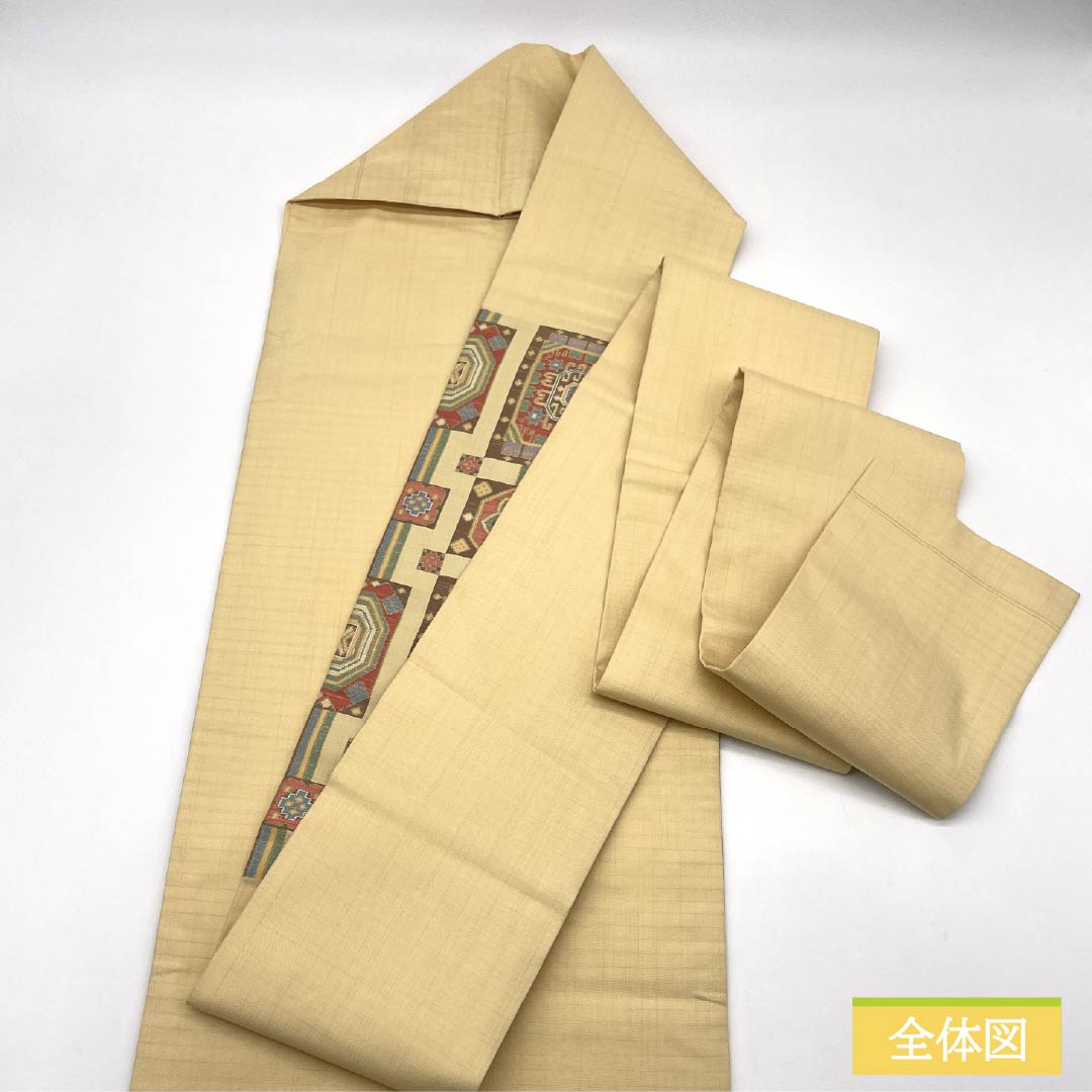 名古屋帯 正絹 Sランク 密陀僧色（みつだそういろ） 西陣織 幾何学模様  帯丈369cm ポイント柄 カジュアル 黄系 1124010412323 名古屋仕立て