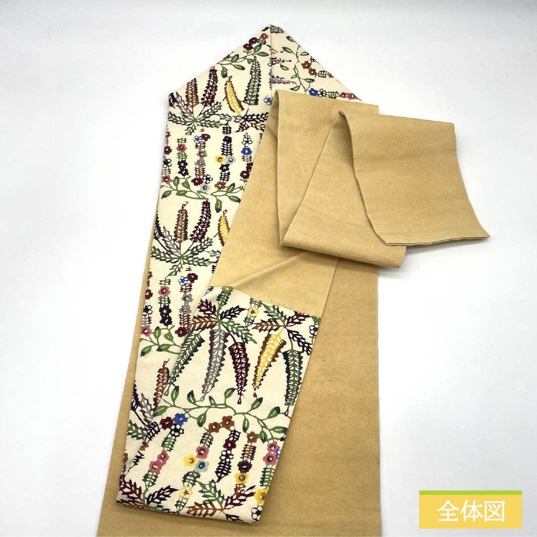 名古屋帯 正絹 Aランク 乳白色（にゅうはくしょく） 京紅型 染め帯 草花模様 帯丈332cm 六通 カジュアル クリーム系 1124009913315 名古屋仕立て