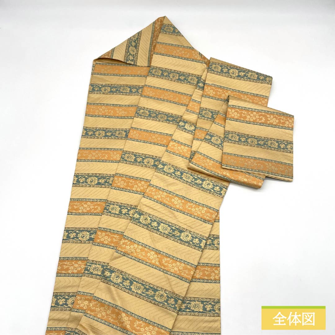 名古屋帯 正絹 Sランク 密陀僧色（みつだそういろ） 西陣織 正倉院文様 横段 帯丈358cm 全通 セミフォーマル 黄系 1124009972323 名古屋仕立て