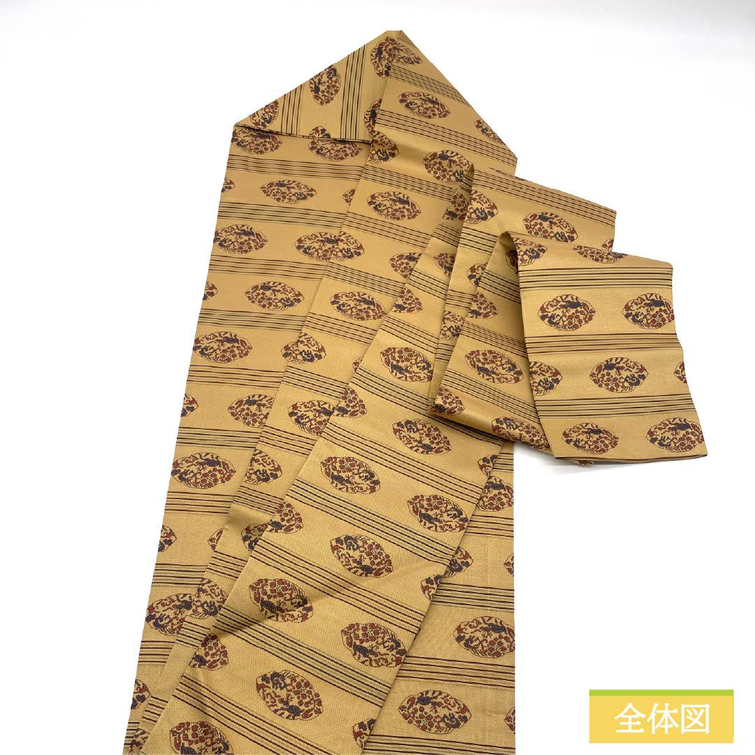 名古屋帯 正絹 Sランク 薄柑子色（うすこうじいろ） 紹巴織 正倉院文様 帯丈350cm 全通 カジュアル 黄系 1124010002323 名古屋仕立て