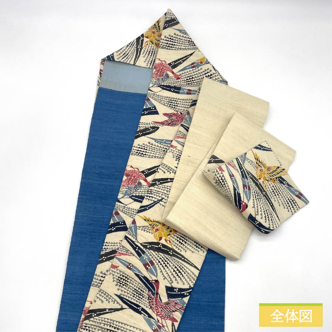 名古屋帯 正絹 Bランク 生成り色（きなりいろ） 京紅型 紬地 染め帯 帯丈373cm 六通 カジュアル クリーム系 1124009874315 名古屋仕立て