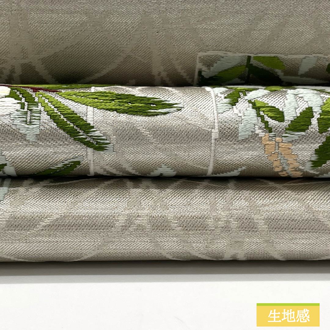 名古屋帯 正絹 Aランク 短冊 西陣織 草花模様 帯丈358cm ポイント柄 セミフォーマル 銀系 1124010213322 開き仕立て