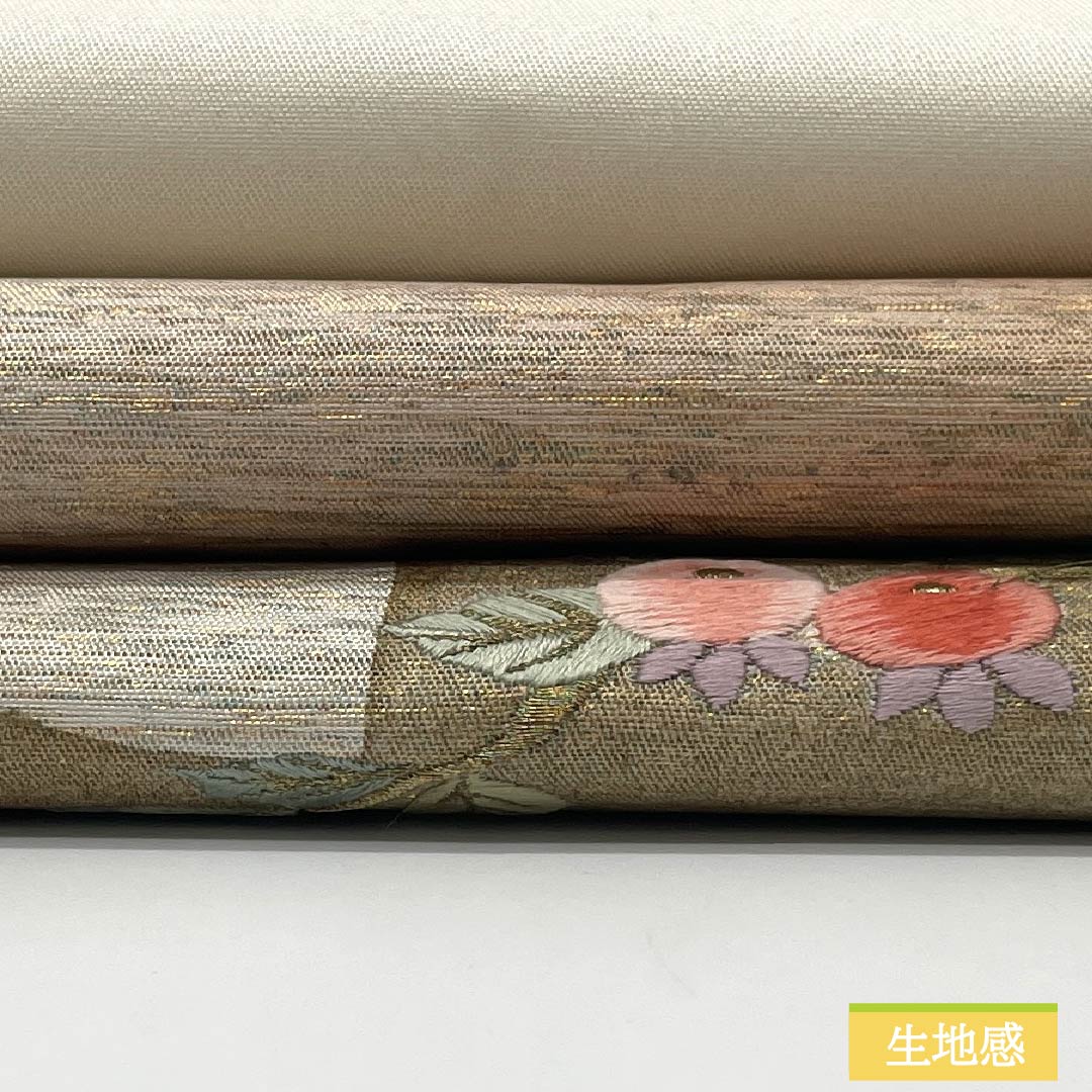 リサイクル着物】名古屋帯 正絹 Sランク 扇面 西陣織 刺繡 草花模様 帯