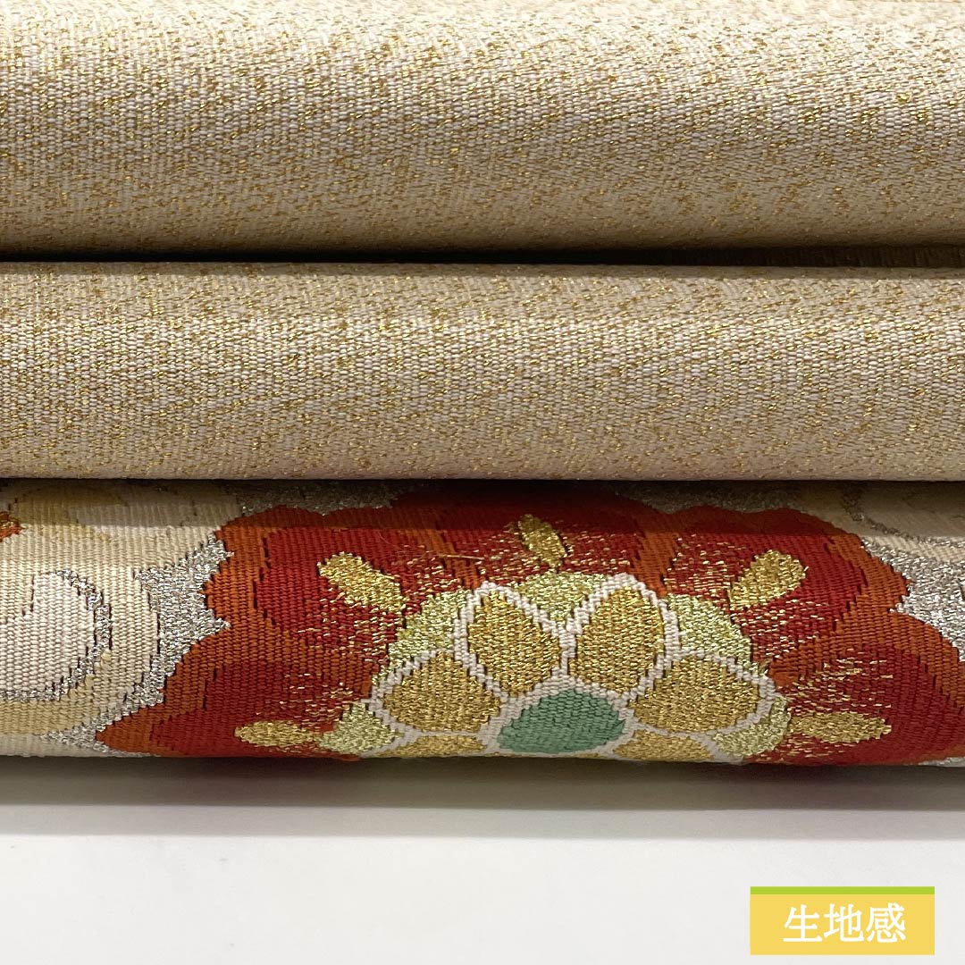 Nagoya Obi, Pure Silk, S-Rank, Floral Design, Tapestry Weave, Length 358cm, Pointed Pattern, Formal, Gold, Pine Needle Pattern, Item Number 1124010032321
