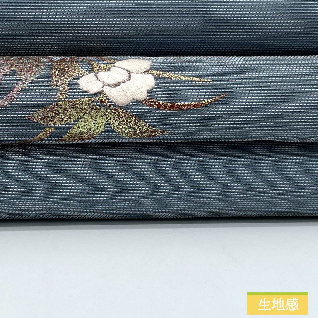 Nagoya Obi, Pure Silk, Grade A, Minato Nezuiro (Minato Gray), Nishijin-ori Weave, Gold Accents, Partial Embroidery, 358cm Long, Pointed Pattern, Casual Style, Blue, Product Number: 1124010163317, Nagoya Style
