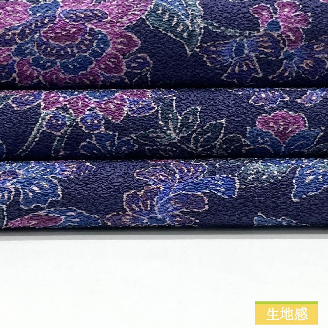 名古屋帯 正絹 Aランク 青紫色（あおむらさきいろ） 染め帯 ちりめん地 更紗模様 帯丈344cm 全通 カジュアル 紫系 1124010263320 開き仕立て