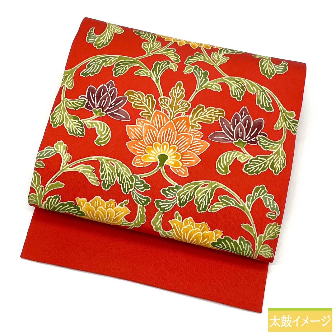 （京袋帯）名古屋帯 正絹 Aランク 赤紅色（あかべにいろ） 京紅型 草花模様  帯丈346cm 全通 カジュアル 赤系 1124011163312 名古屋仕立て