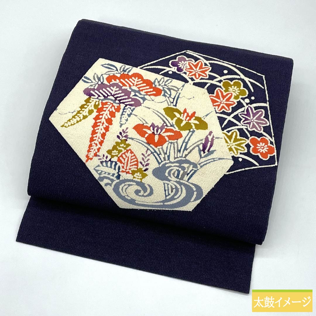 名古屋帯 正絹 Aランク 褐色（かちいろ） 型染 ちりめん地 古典柄 帯丈365cm ポイント柄 カジュアル 紫系 1124011493320 名古屋仕立て