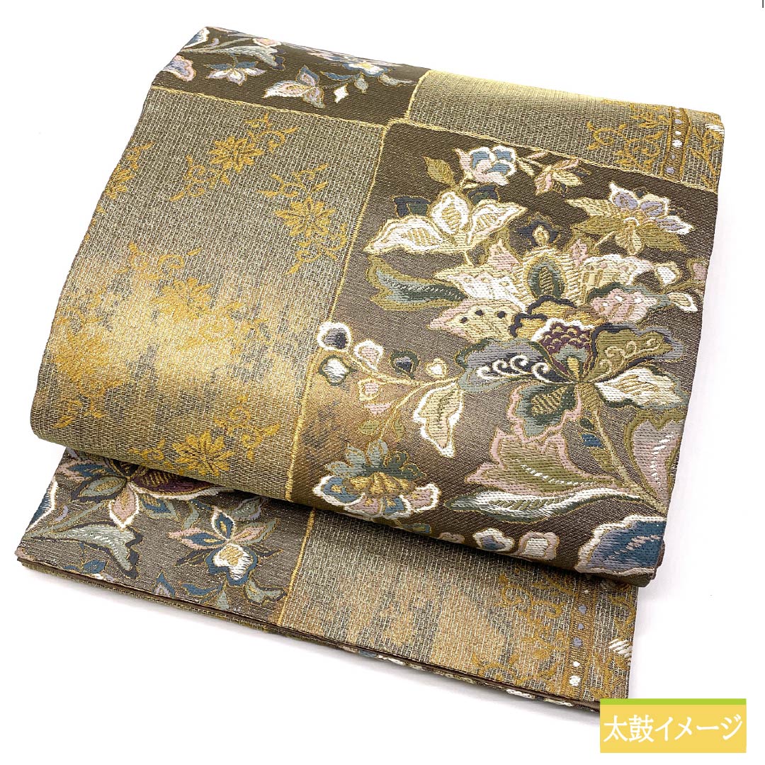 袋帯 正絹 更紗 西陣織 市松模様 ラメ糸 金糸入り 帯丈440cm Sランク 六通 セミフォーマル グラデーション系 1123012912399