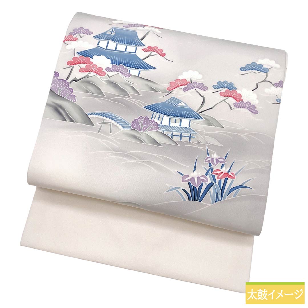 名古屋帯 ポリエステル Aランク 名古屋仕立て 白土色（しらつちいろ） 風景画 染め帯 帯丈370cm ポイント柄 セミフォーマル 白系 1124013583311