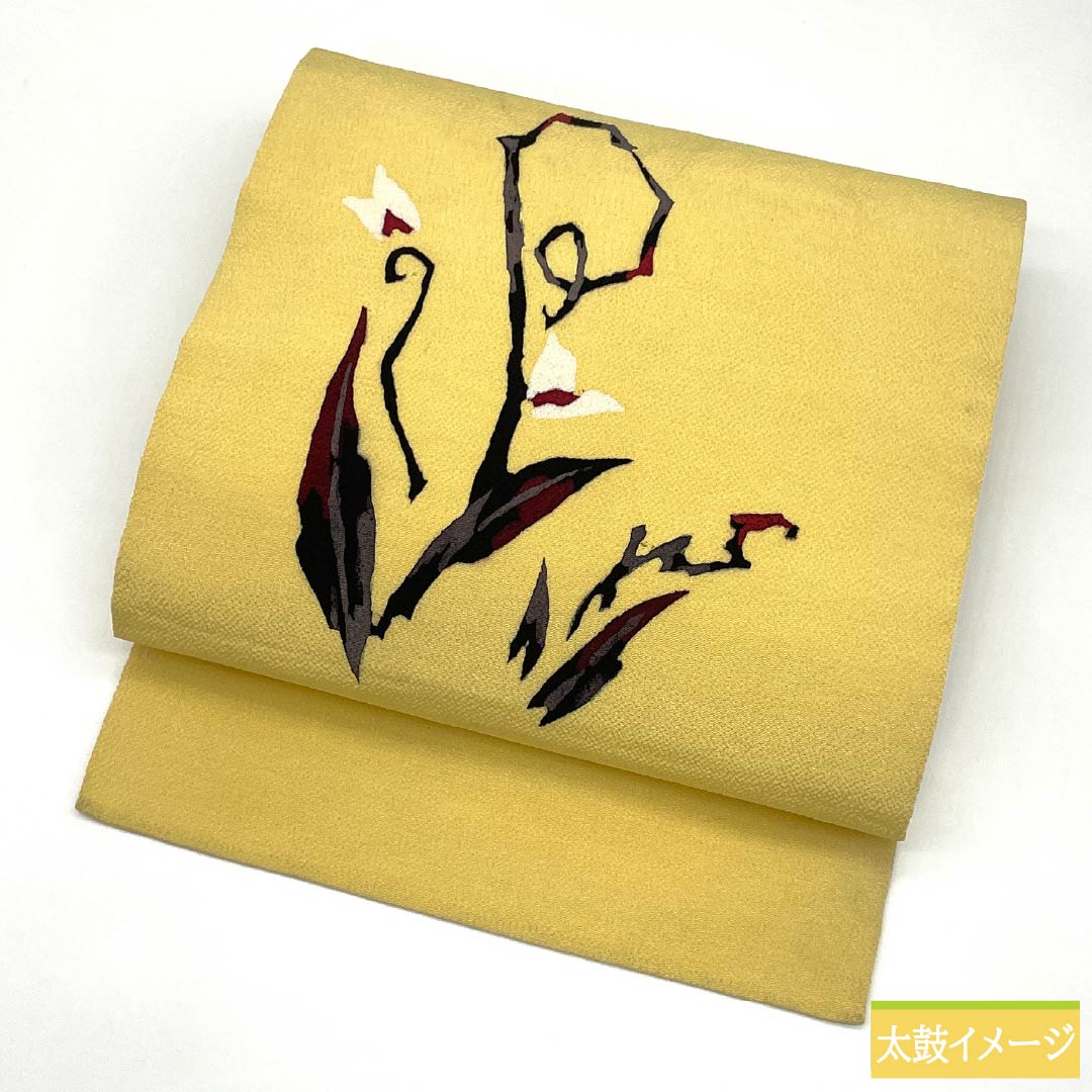 名古屋帯 正絹 Bランク 支子色（くちなしいろ） 染め帯 ちりめん地 抽象花模様 帯丈352cm ポイント柄 カジュアル 黄系 1124011514323 名古屋仕立て