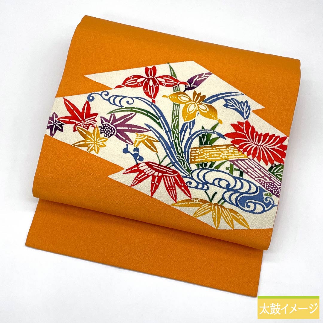 名古屋帯 正絹 Aランク 橙色（だいだいいろ） 型染 ちりめん地 古典柄 帯丈350cm ポイント柄 カジュアル 橙系 1124011483326 名古屋仕立て