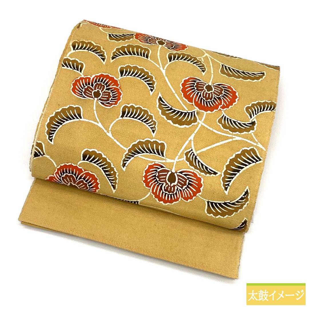 （京袋帯）名古屋帯 正絹 Aランク 麦藁色（むぎわらいろ） 京紅型 唐花模様 紬地 帯丈362cm 六通 カジュアル ベージュ系 1124011213325 松葉仕立て