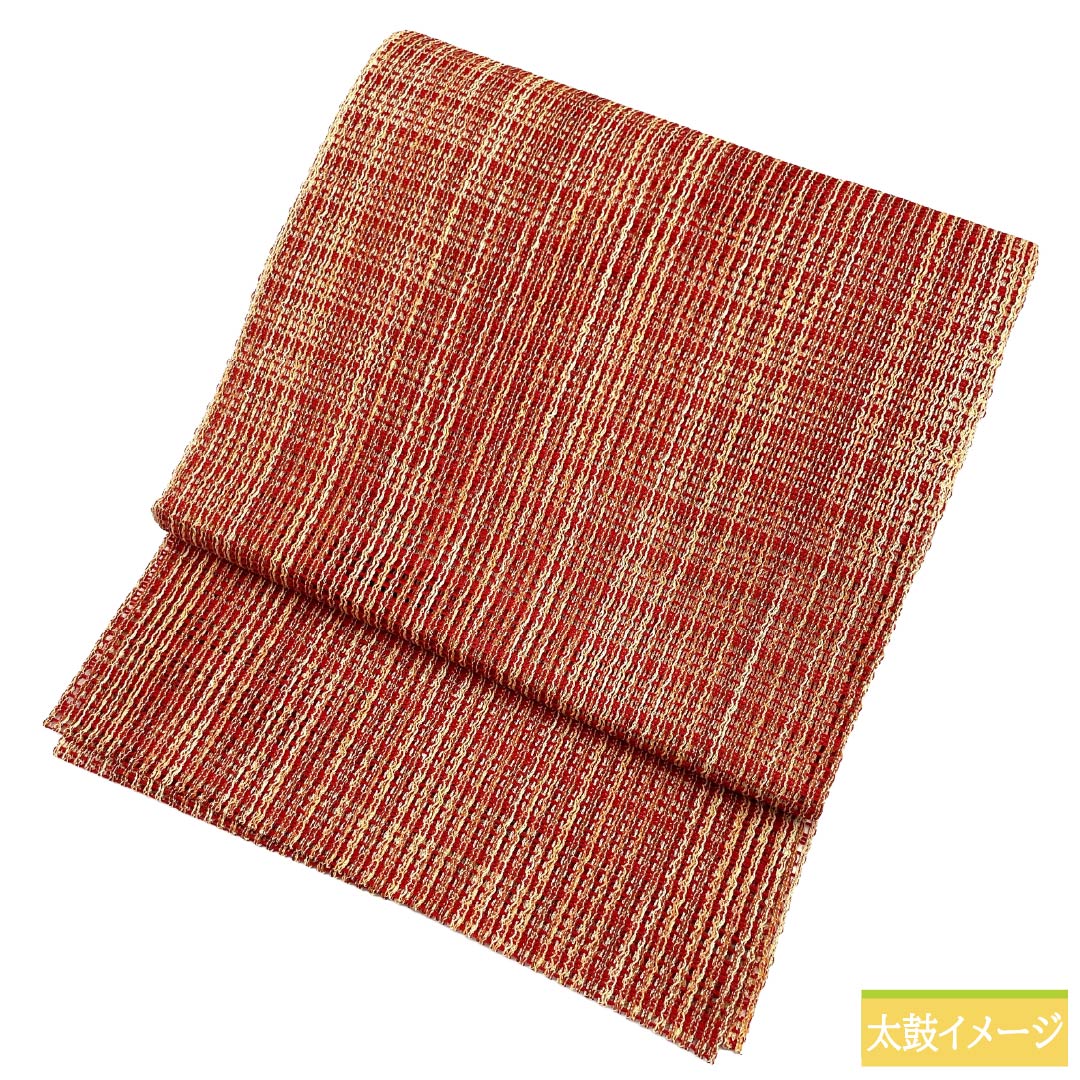 名古屋帯 正絹 Sランク 松葉仕立て 赤紅色（あかべにいろ） 夏帯 縞 トンネル仕立て 帯丈376cm 全通 カジュアル 赤系 1124012862312