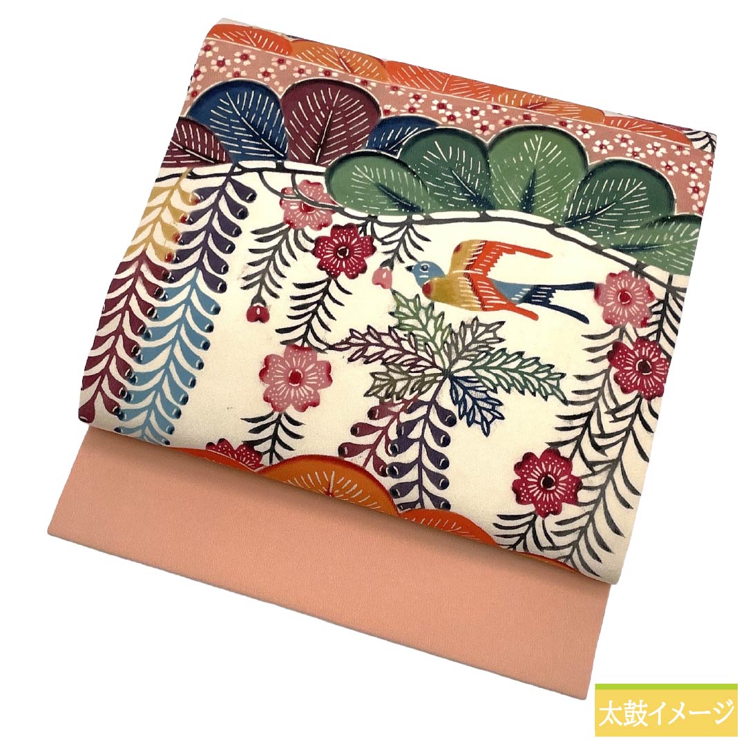 名古屋帯 正絹 Aランク 名古屋仕立て 乙女色（おとめいろ） 京紅型 草花模様 鳥 帯丈354cm 六通 カジュアル ピンク系 1124012453313