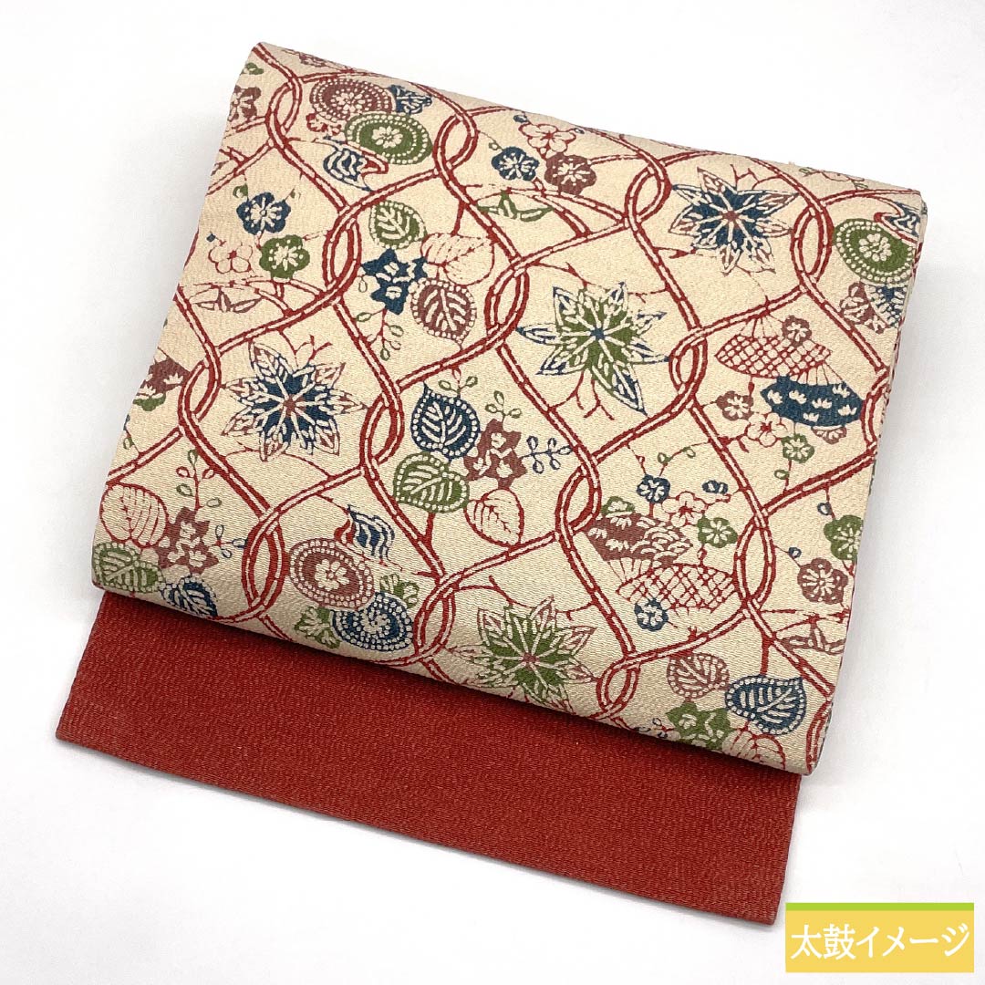 （京袋帯）名古屋帯 正絹 Sランク 砥粉色（とのこいろ） 京紅型 立涌 植物模様 帯丈336cm 全通 カジュアル ベージュ系 1124011182325 名古屋仕立て