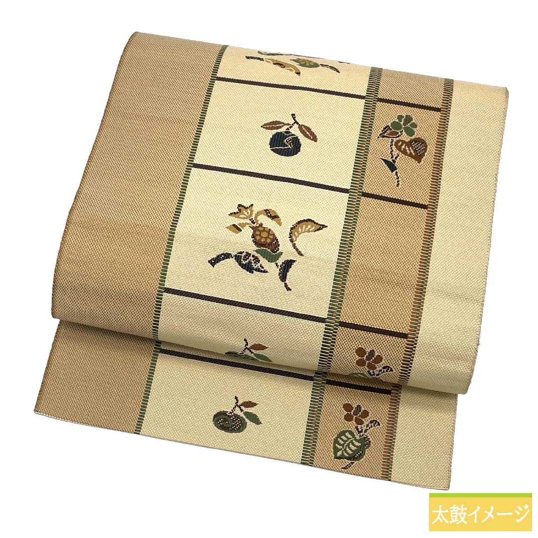 名古屋帯 正絹 Ａランク 名古屋仕立て 格子 草木 植物柄 帯丈374cm 六通 カジュアル ベージュ系 1124011943325