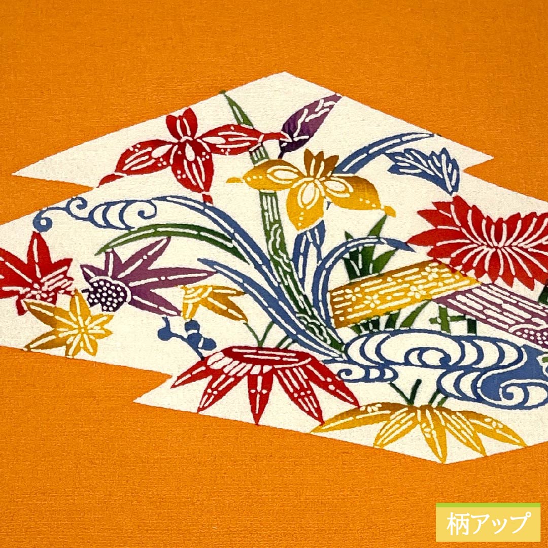 名古屋帯 正絹 Aランク 橙色（だいだいいろ） 型染 ちりめん地 古典柄 帯丈350cm ポイント柄 カジュアル 橙系 1124011483326 名古屋仕立て