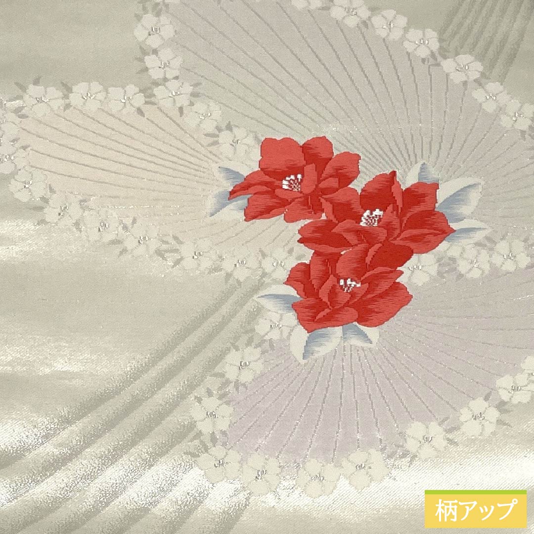 名古屋帯 正絹 Aランク 名古屋仕立て 胡粉色（ごふんいろ） 草花模様 帯丈347cm ポイント柄 セミフォーマル 白系 1124012283311
