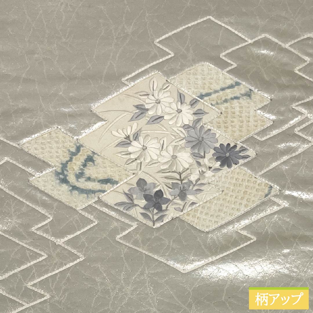 名古屋帯 正絹 Aランク 名古屋仕立て 銀色（ぎんいろ） 蘇州刺繡 松皮菱 花 帯丈343cm ポイント柄 セミフォーマル 銀系 1124012293322