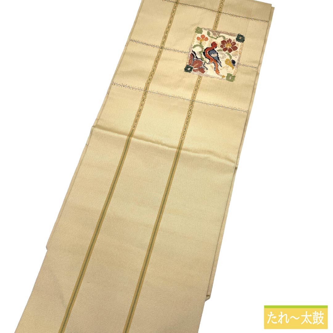 名古屋帯 正絹 Sランク 名古屋仕立て 桑色白茶色（くわいろしろちゃいろ） 格子 抽象柄 帯丈362cm ポイント柄 セミフォーマル ベージュ系 1124012242325
