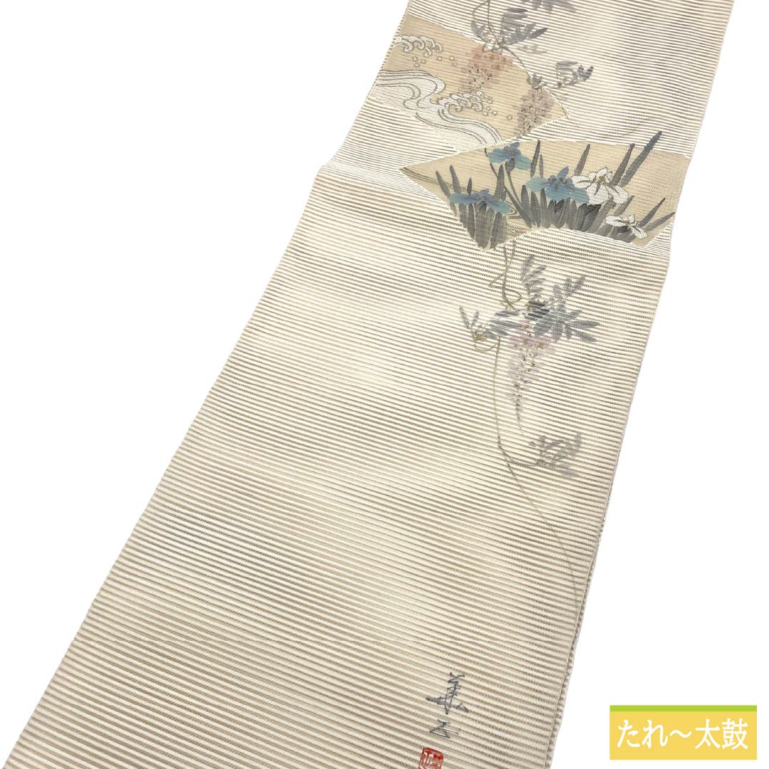 名古屋帯 正絹 Ｓランク 開き仕立て 乳白色（にゅうはくしょく） 扇 植物柄 夏帯 帯丈381cm ポイント柄 セミフォーマル 白系 1124013262411