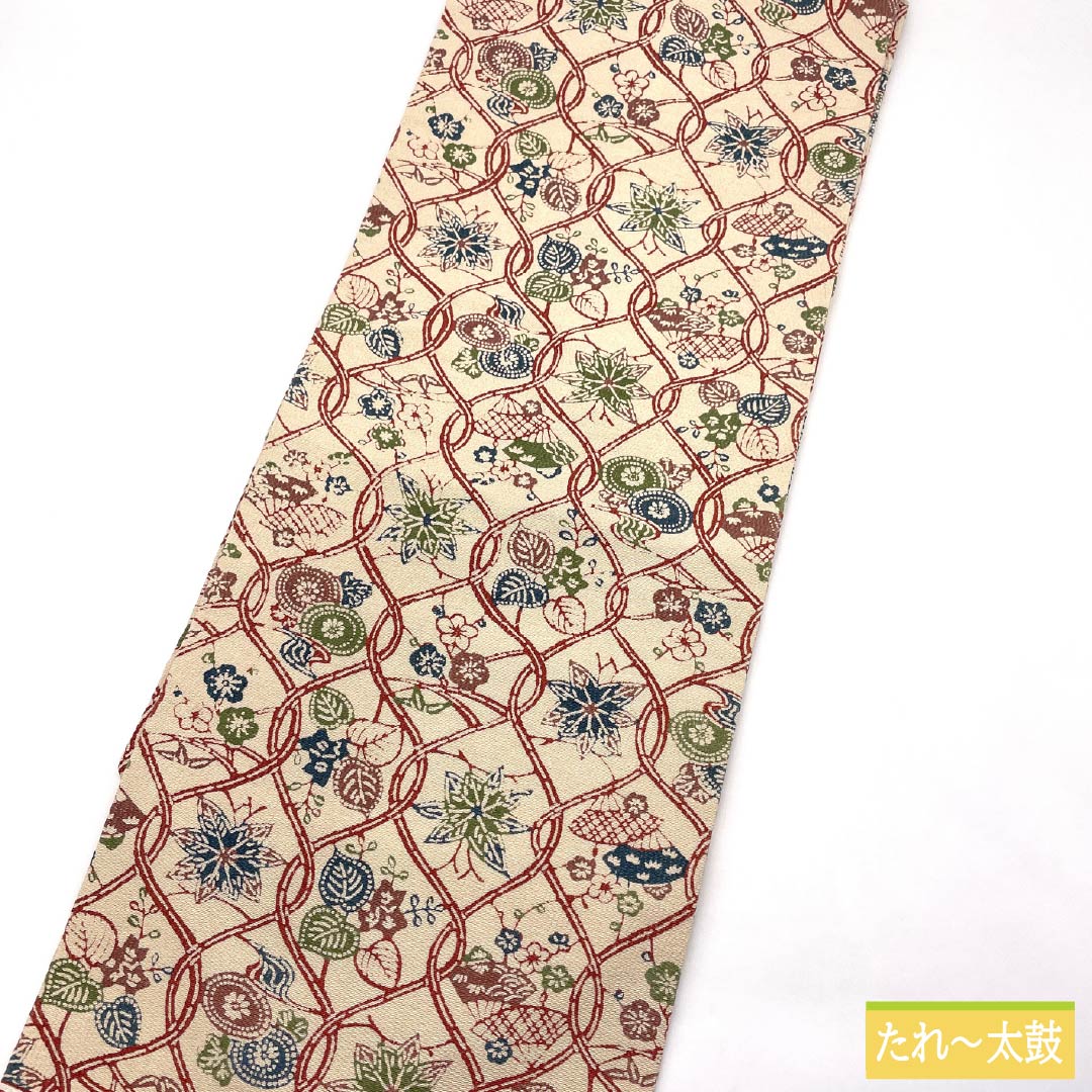 名古屋帯 正絹 Sランク 砥粉色（とのこいろ） 京紅型 立涌 植物模様 帯丈336cm 全通 カジュアル ベージュ系 1124011182325 名古屋仕立て