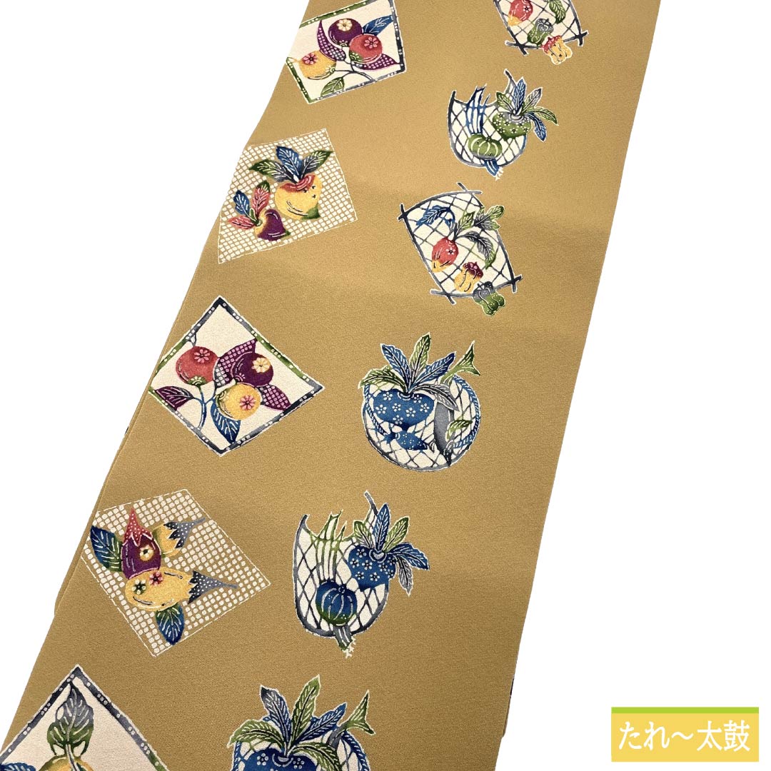 名古屋帯 正絹 Aランク 名古屋仕立て 胡桃色（くるみいろ） 型染 古典柄 野菜 帯丈362cm 全通 カジュアル ベージュ系 1124012123325