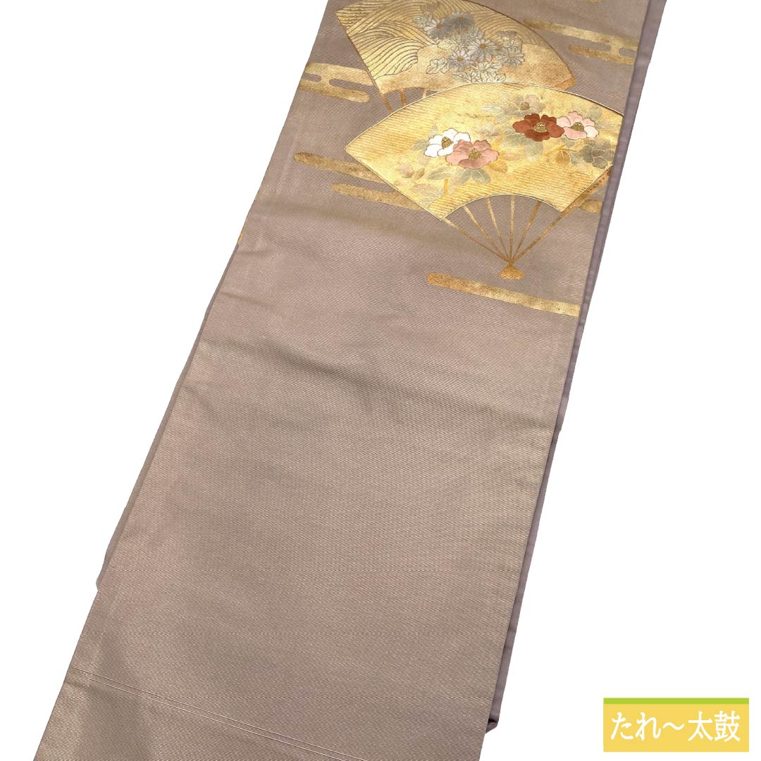 名古屋帯 正絹 Sランク 名古屋仕立て 都鼠色（みやこねずいろ） 古典柄 扇面 草花 帯丈356cm ポイント柄 セミフォーマル 紫系 1124012532320
