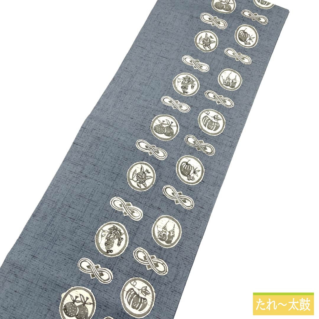 名古屋帯 正絹 Aランク 名古屋仕立て 藍生壁色（あいなまかべいろ） 型染 野菜 植物 帯丈372cm 六通 カジュアル グレー系 1124012133322