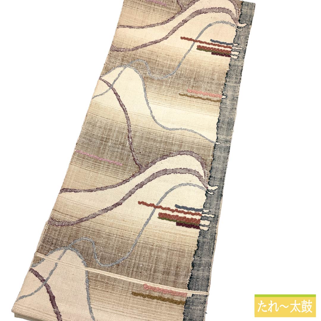 紬　新品未仕立て　ベージュ　グレー　燕脂　茶　花　B1013 リサイクル着物】名古屋帯 正絹 Aランク 松葉仕立て 生成り色（きなり