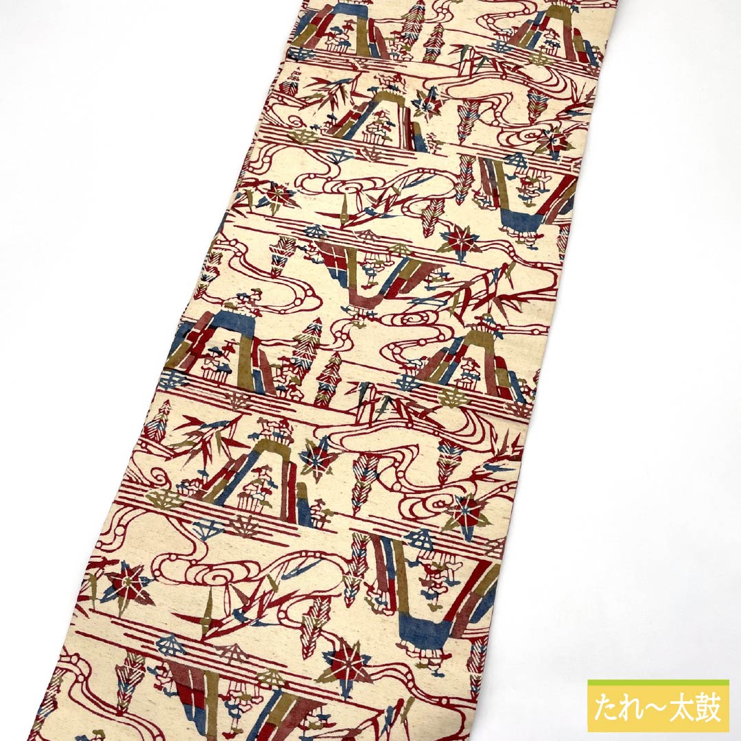 （京袋帯）名古屋帯 正絹 Aランク 練色（ねりいろ） 草木染 風景画 帯丈351cm ポイント柄 カジュアル ベージュ系 1124011113325 名古屋仕立て