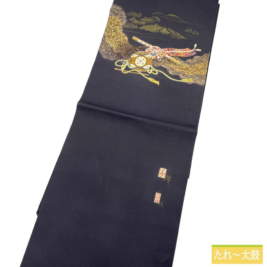 名古屋帯 正絹 Aランク 名古屋仕立て 黒鼠色（くろねずいろ） 古典柄 塩瀬 和楽器 帯丈370cm ポイント柄 セミフォーマル 黒系 1124012573310
