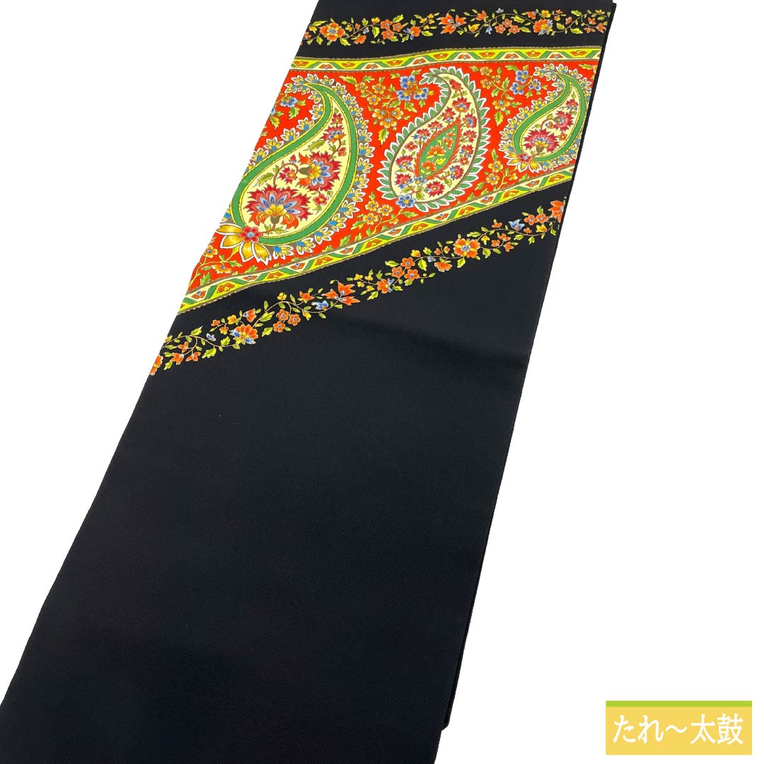 名古屋帯 正絹 Sランク 名古屋仕立て 黒色（くろいろ） 染め帯 塩瀬 更紗 帯丈359cm ポイント柄 セミフォーマル 黒系 1124012032310