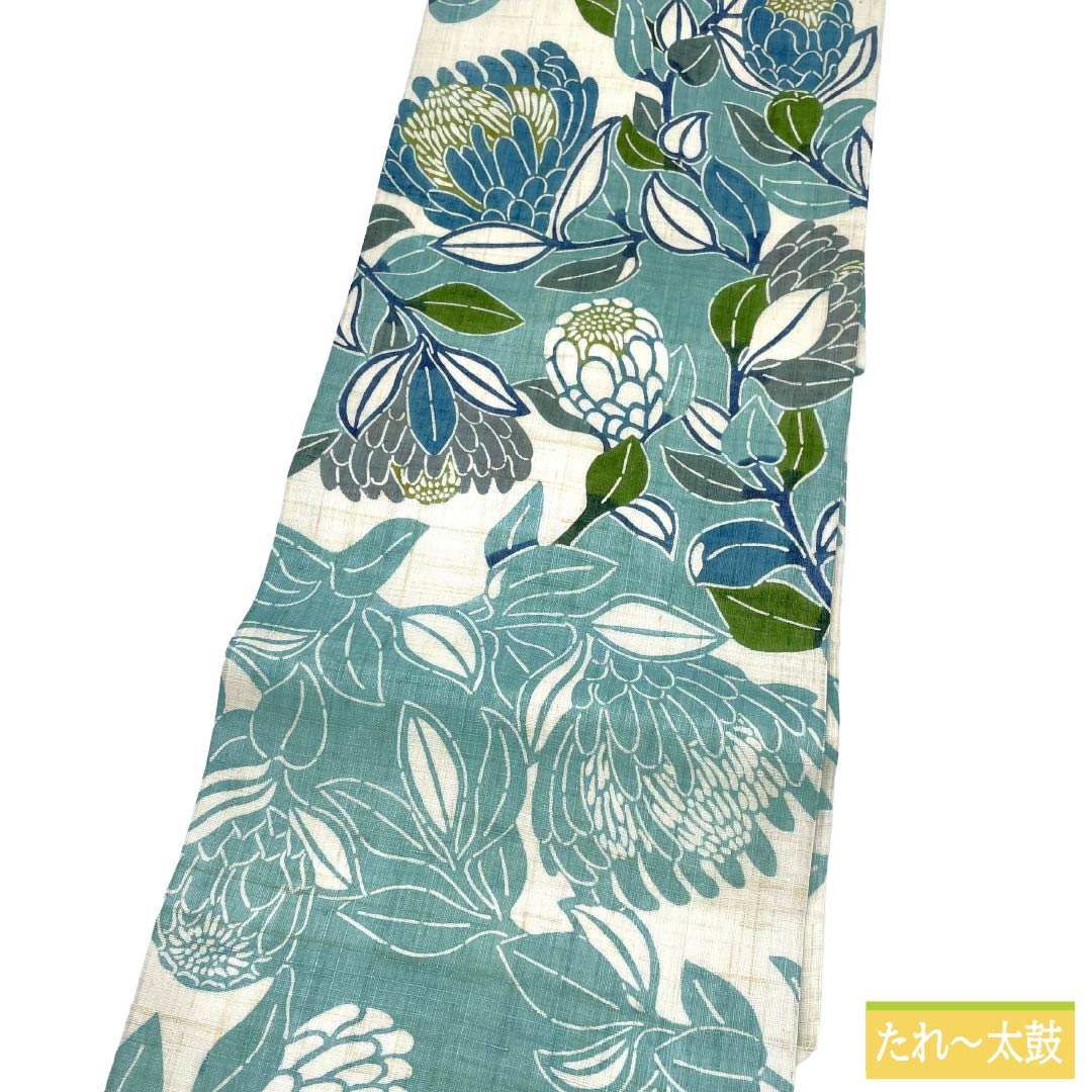 （新品）名古屋帯 正絹 NEWランク 名古屋仕立て 花緑青色（はなろくしょういろ） 栗山吉三郎 京紅型 プロテア 帯丈378cm ポイント柄 カジュアル 緑系 1124013091319