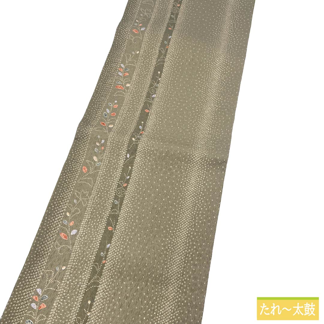 名古屋帯 ポリエステル Sランク 開き仕立て 砂色（すないろ） 葉っぱ 縞 帯丈374cm 全通 カジュアル グレー系 1124013672322