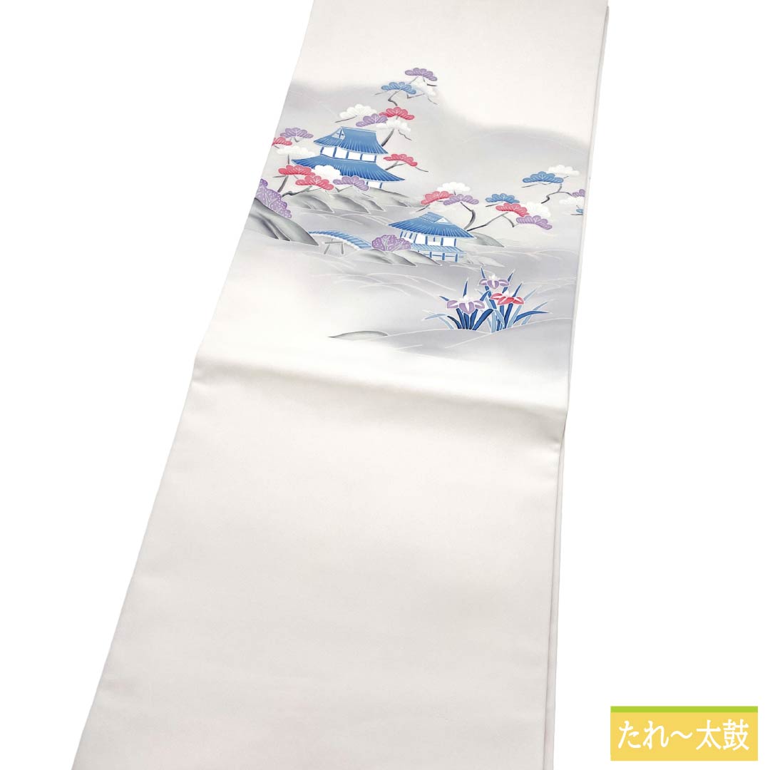 名古屋帯 ポリエステル Aランク 名古屋仕立て 白土色（しらつちいろ） 風景画 染め帯 帯丈370cm ポイント柄 セミフォーマル 白系 1124013583311