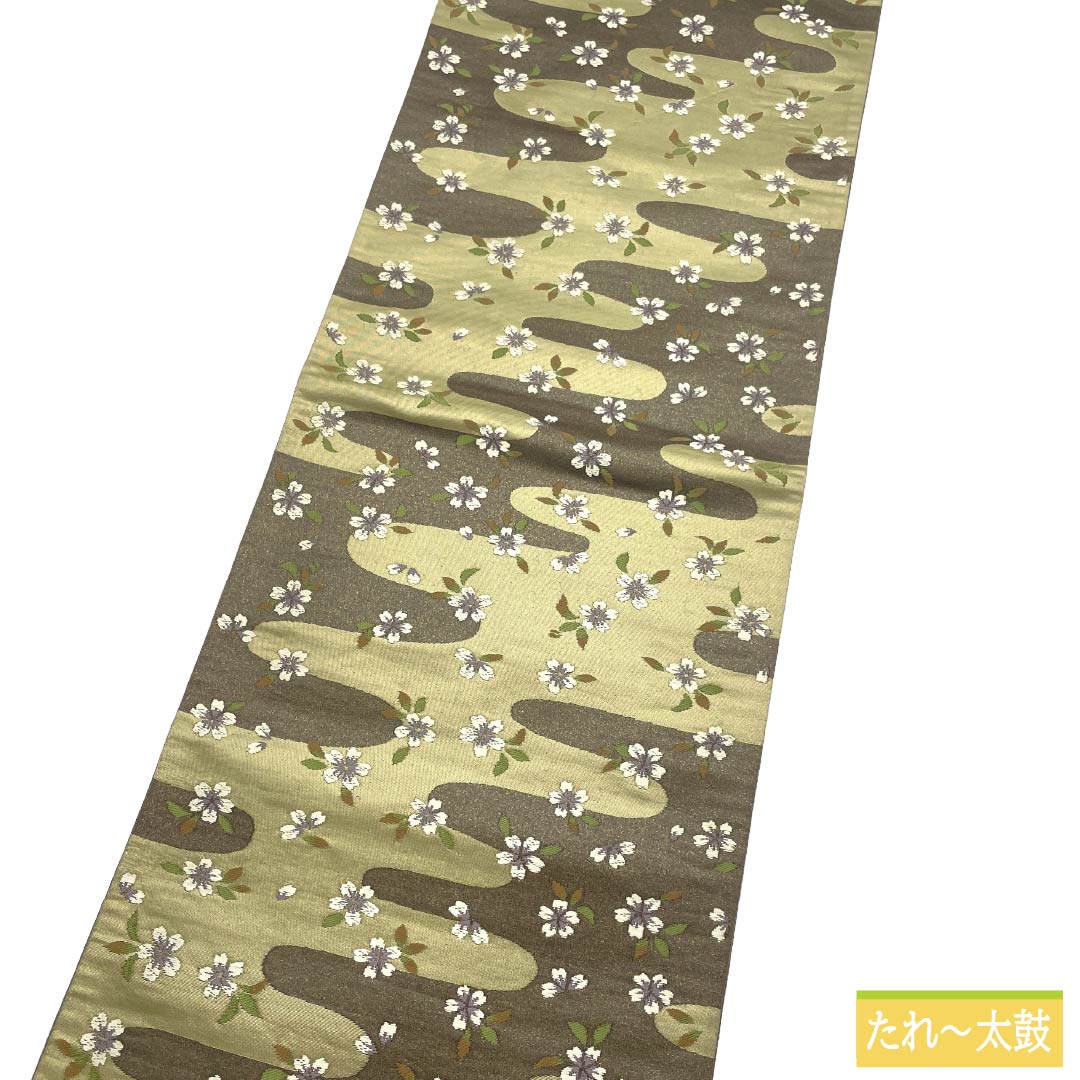 名古屋帯 ポリエステル Sランク 開き仕立て 煤色（すすいろ） 霞 桜 帯丈368cm 六通 カジュアル 茶系 1124013712314