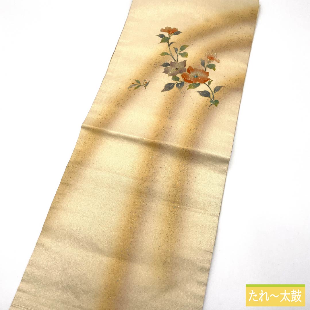 （京袋帯）名古屋帯 正絹 Aランク 金色 金彩加工 花柄 螺鈿 帯丈363cm ポイント柄 セミフォーマル 金系 1124011063321 名古屋仕立て