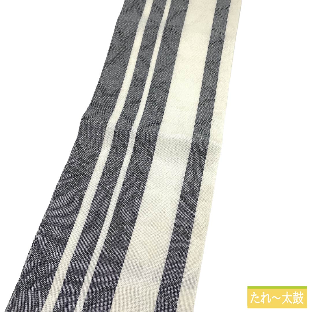 名古屋帯 正絹 Sランク 松葉仕立て 夏帯 七宝 縞 帯丈395cm 全通 カジュアル モノトーン 1124014122427