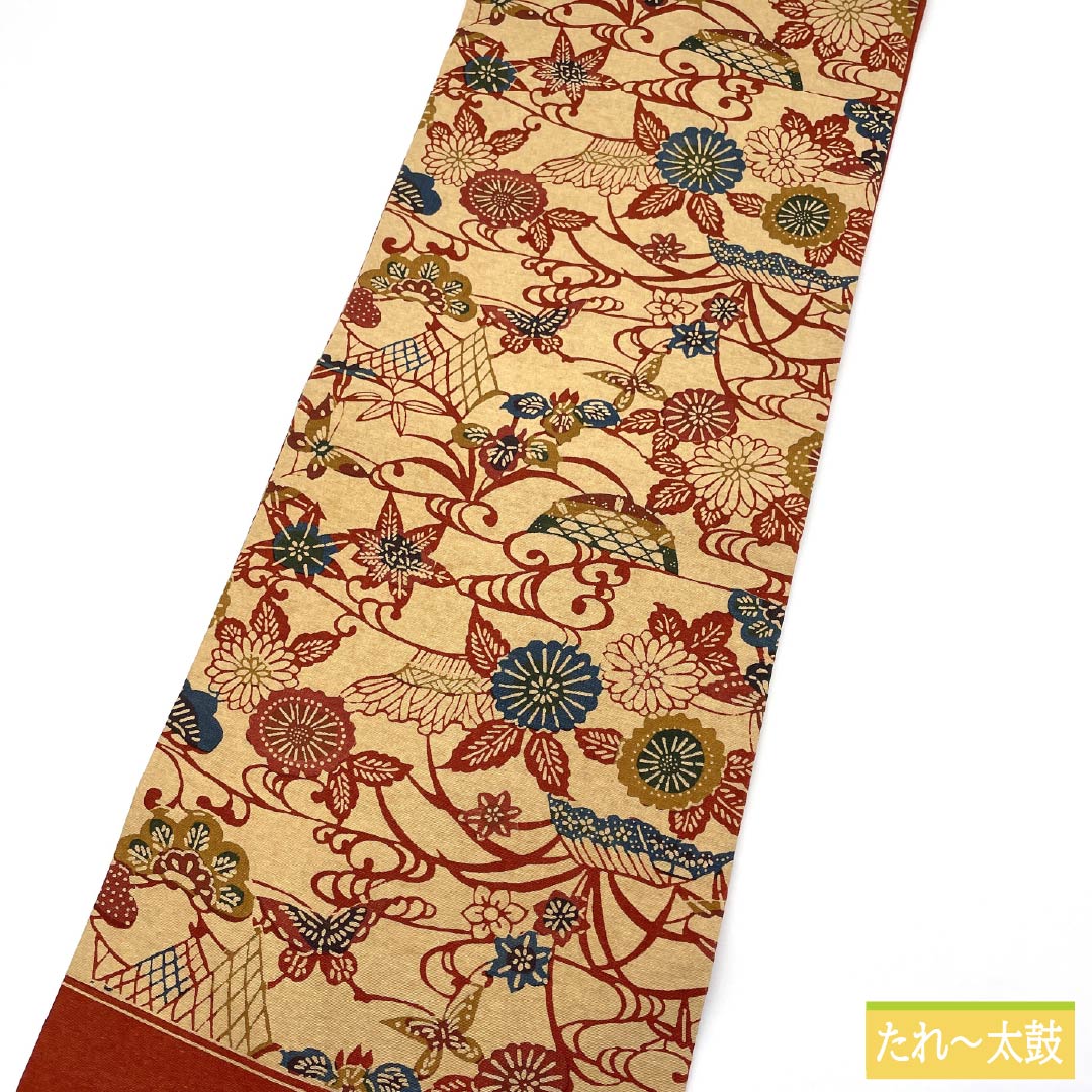 （京袋帯）名古屋帯 正絹 Aランク 丁子色（ちょうじいろ） 京紅型 草花模様 古典柄 帯丈348cm 六通 カジュアル ベージュ系 1124011123325 名古屋仕立て