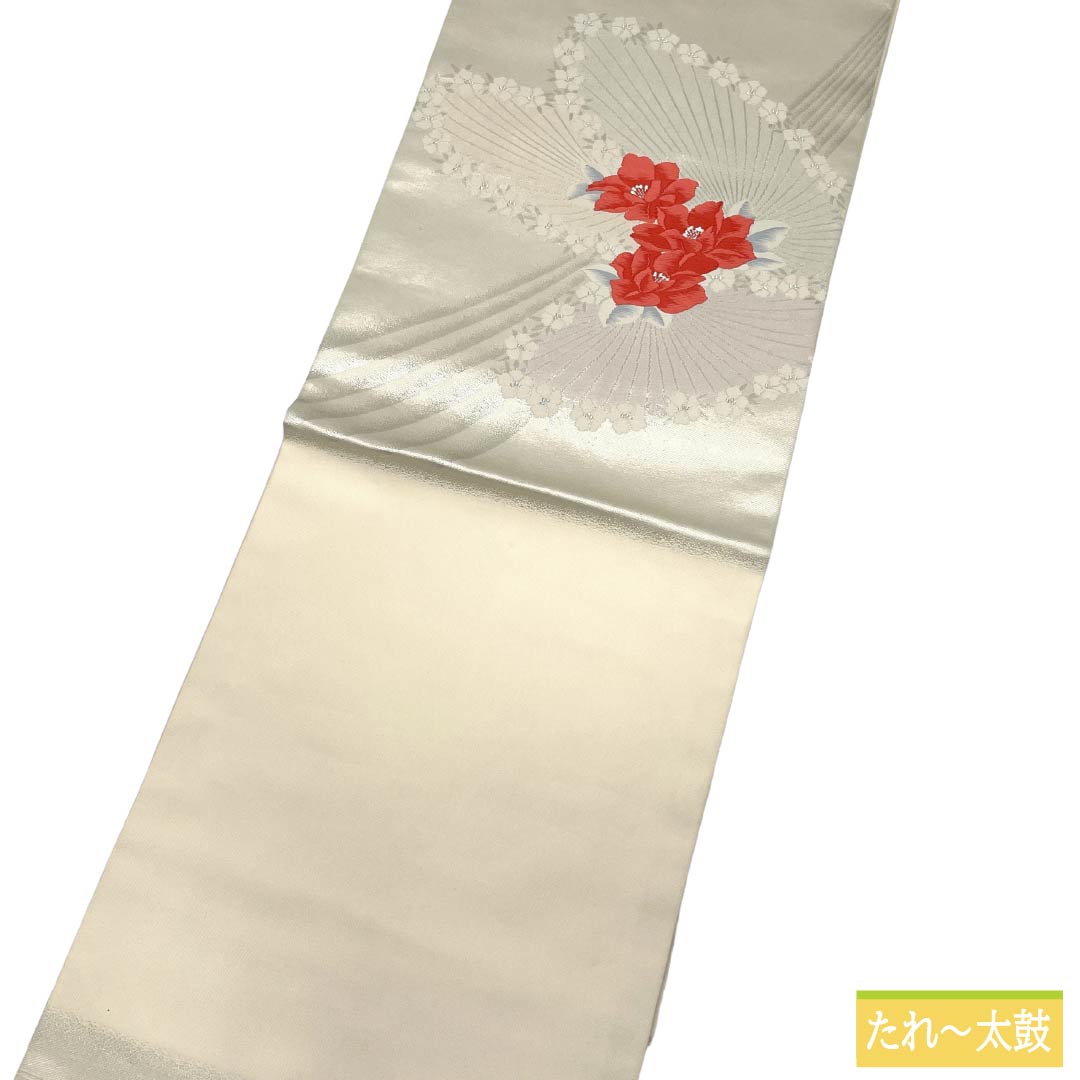 名古屋帯 正絹 Aランク 名古屋仕立て 胡粉色（ごふんいろ） 草花模様 帯丈347cm ポイント柄 セミフォーマル 白系 1124012283311
