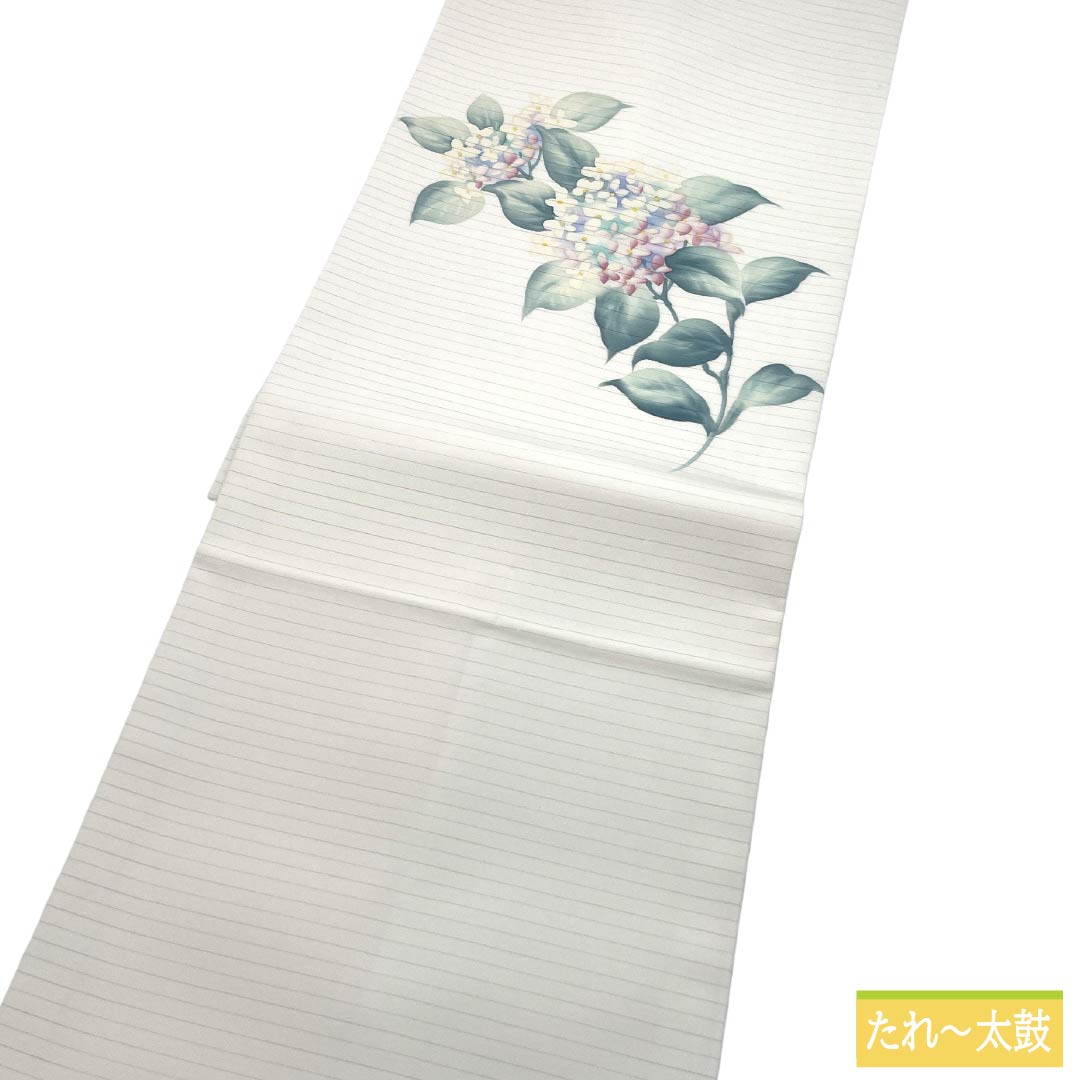 名古屋帯 ポリエステル Aランク 名古屋仕立て 白色（しろいろ） 紫陽花 夏帯 長尺 帯丈380cm ポイント柄 カジュアル 白系 1124013223411
