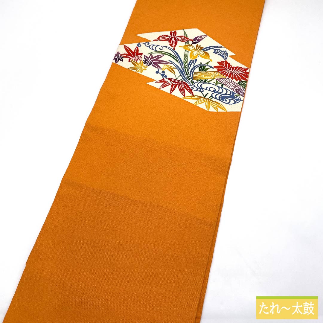 名古屋帯 正絹 Aランク 橙色（だいだいいろ） 型染 ちりめん地 古典柄 帯丈350cm ポイント柄 カジュアル 橙系 1124011483326 名古屋仕立て