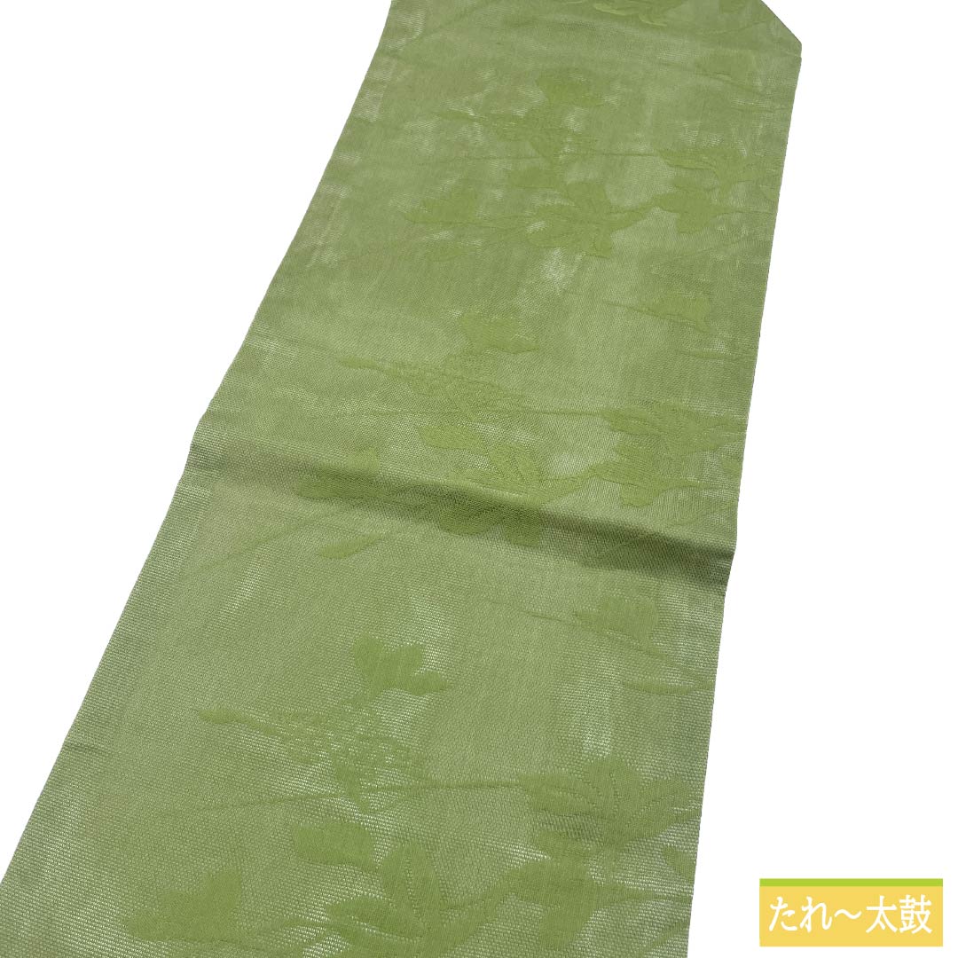 名古屋帯 正絹 Aランク 名古屋仕立て 山鳩色（やまばといろ） 植物模様 夏帯 帯丈334cm 六通 カジュアル 緑系 1124013293319
