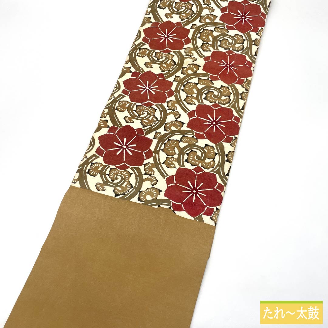（京袋帯）名古屋帯 正絹 Aランク 丁子色（ちょうじいろ） 京紅型 花柄 古典柄 帯丈306cm 六通 カジュアル ベージュ系 1124011133325 名古屋仕立て