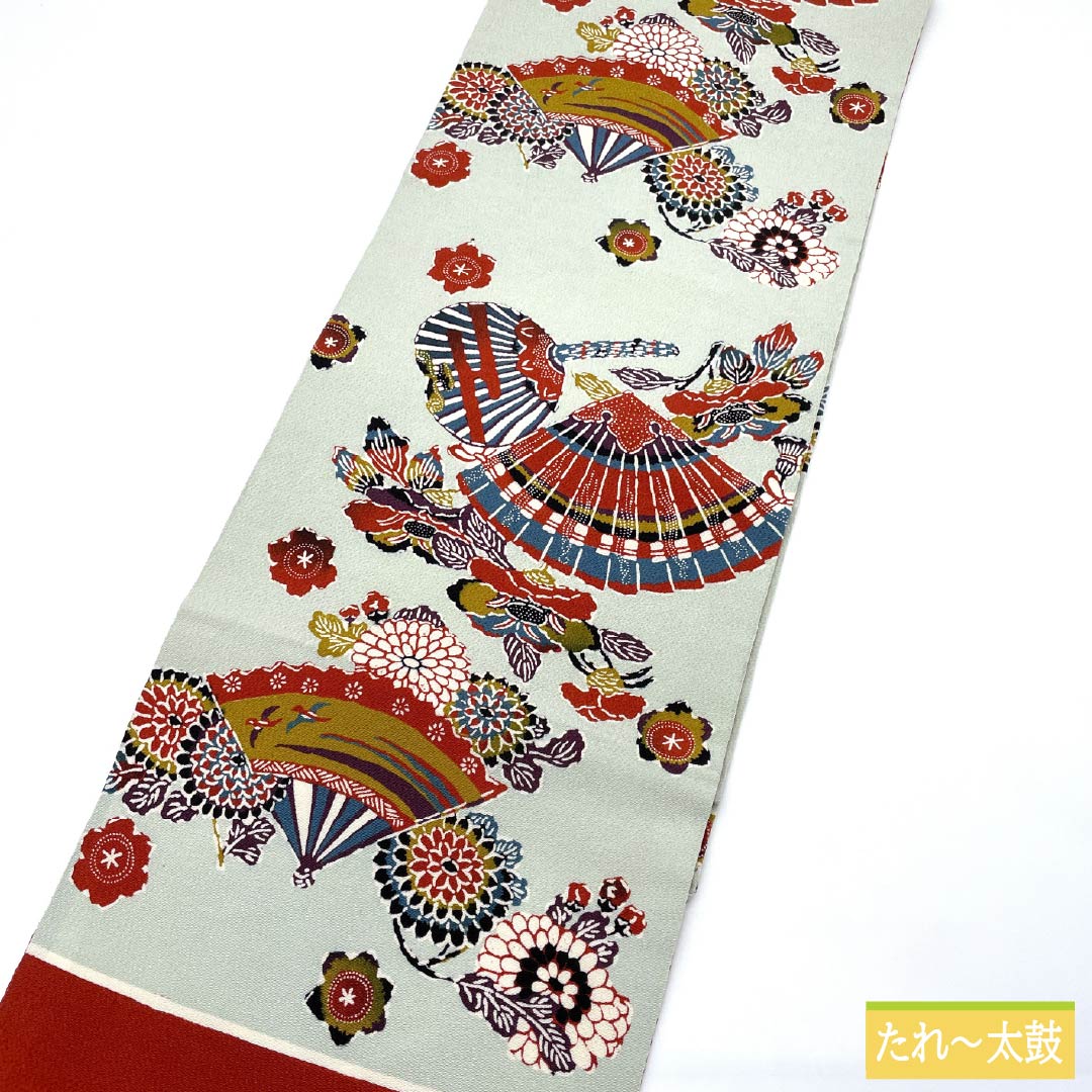 名古屋帯 正絹 Aランク 青白磁色（せいはくじいろ） 型染 扇 花 帯丈350cm 全通 カジュアル 水色系 1124011573324 名古屋仕立て