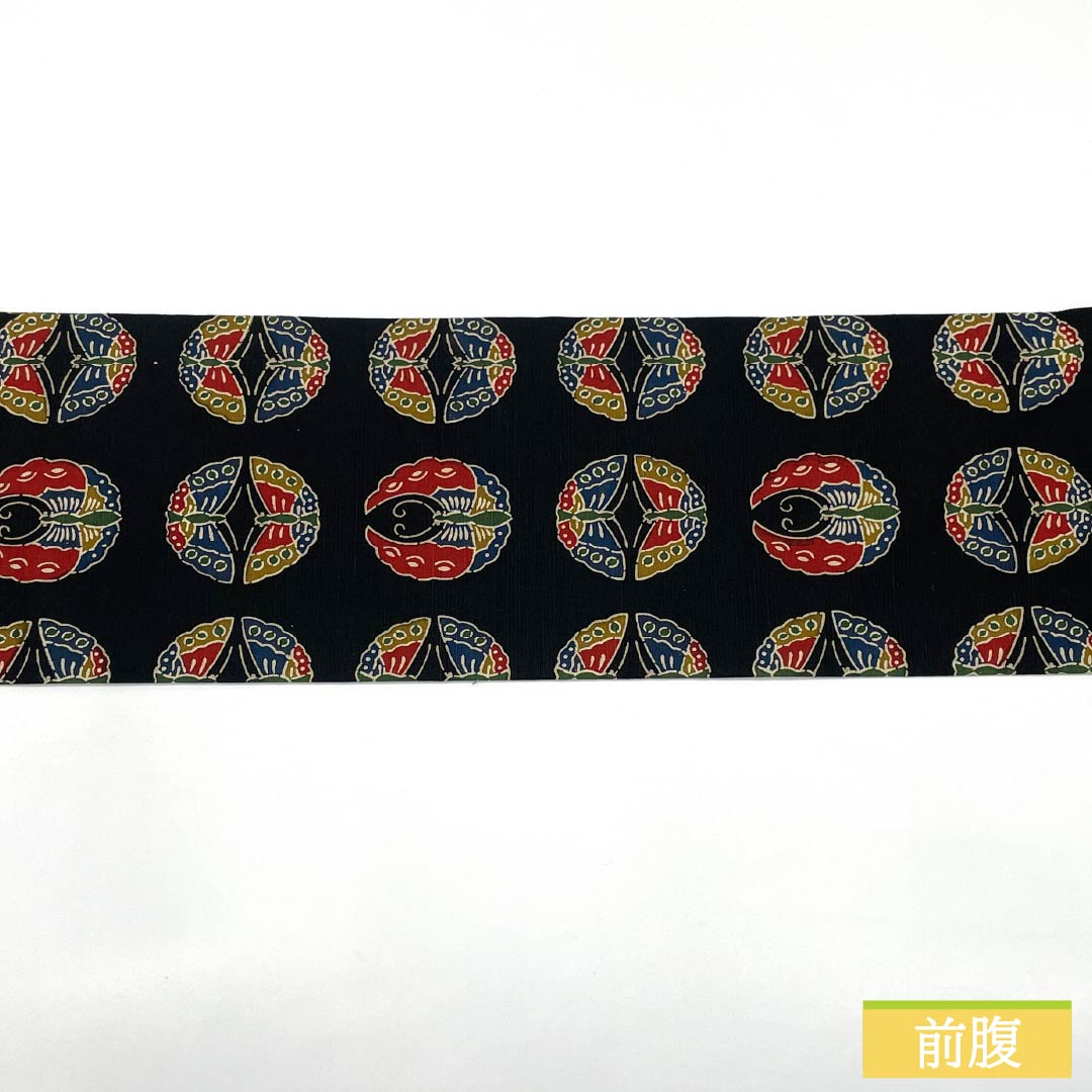 （京袋帯）名古屋帯 正絹 Aランク 黒色 型染 蝶 帯丈366cm 全通 カジュアル 黒系 1124011083310 名古屋仕立て