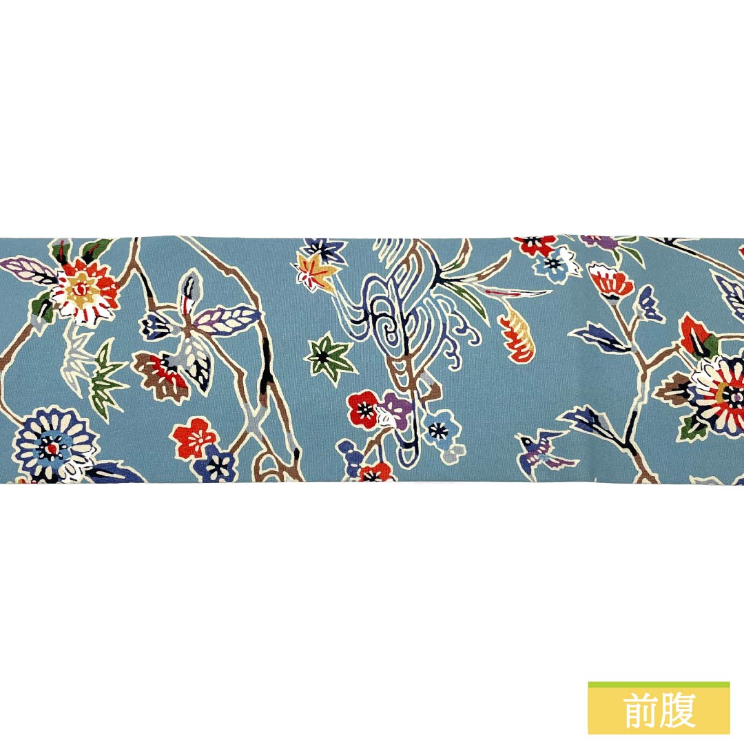 名古屋帯 正絹 Sランク 名古屋仕立て 型染 古典柄 花柄 帯丈365cm 全通 カジュアル 水色系 1124013482324
